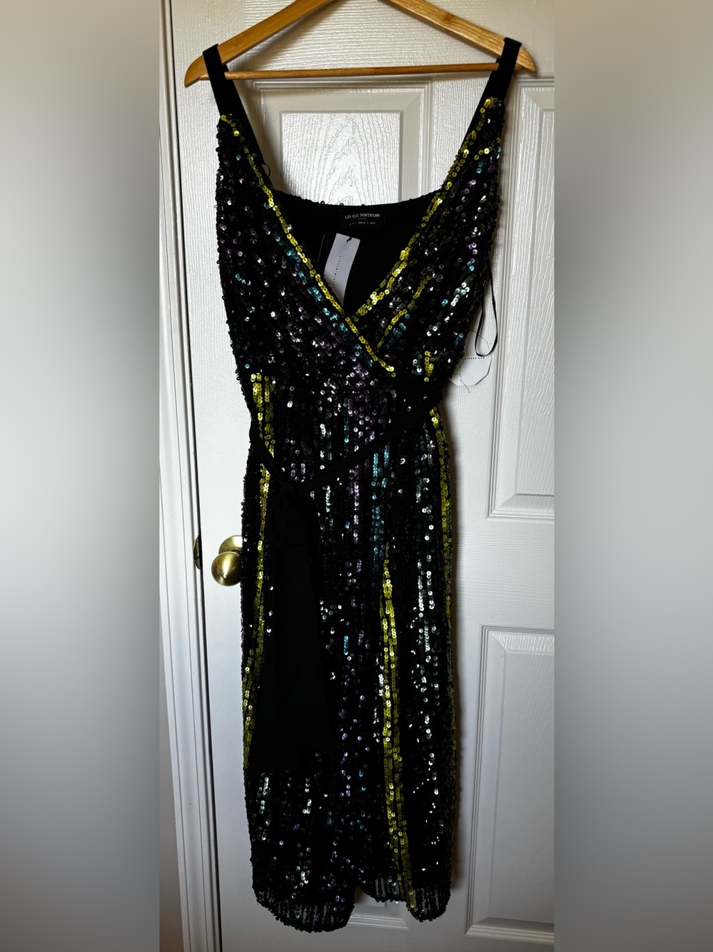 Little Mistress Black Sequin Wrap Dress with Yellow and Teal Accents